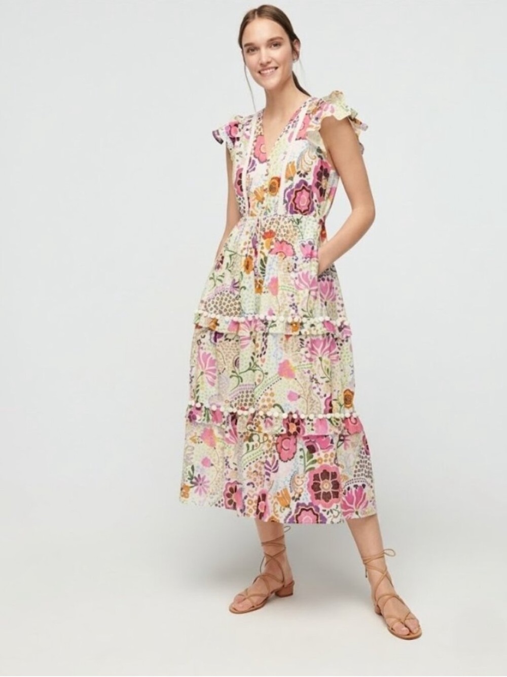 JCrew Ratti print tiered pompom midi dress